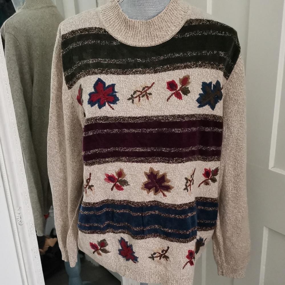 Alfred Dunner SweaterShades of BrownLeaves Embroidered Grannycore Cottagecore XL